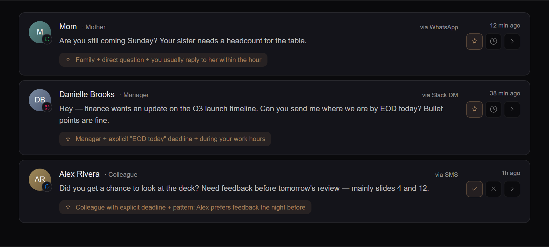 howdi's command centre triaging messages from WhatsApp, Slack and SMS into one queue, each row showing why it was prioritised